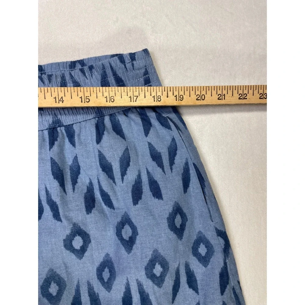 linen‎ blend blue ikat print midi skirt pockets L boho coastal cottage summer